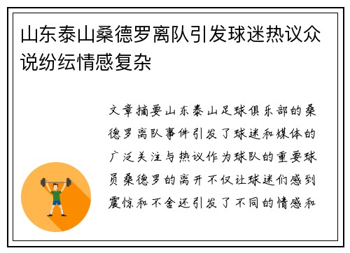 山东泰山桑德罗离队引发球迷热议众说纷纭情感复杂