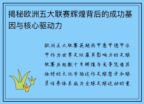 揭秘欧洲五大联赛辉煌背后的成功基因与核心驱动力